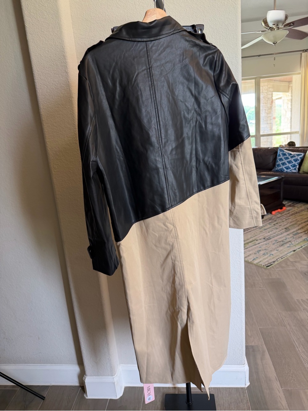 Micas Classic Two-Tone Trench Coat - Black & Beige Faux Leather XS - Picture 2 of 8